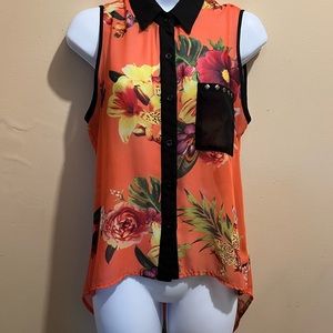 Coral tropical floral print with black trim, button down, sleeveless